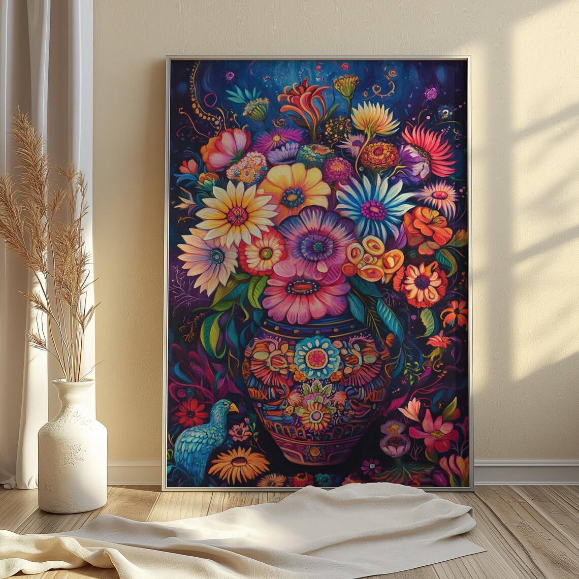 Moody Mexican Folk Art Pink Purple Floral Bouquet With Bird Wall Print - Image 3