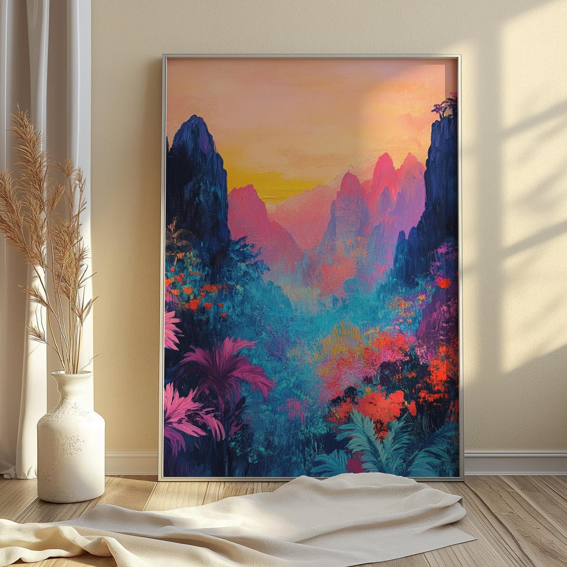 Misty Tropical Mountain Valley Pink Sunrise Jungle Landscape Print - Image 4