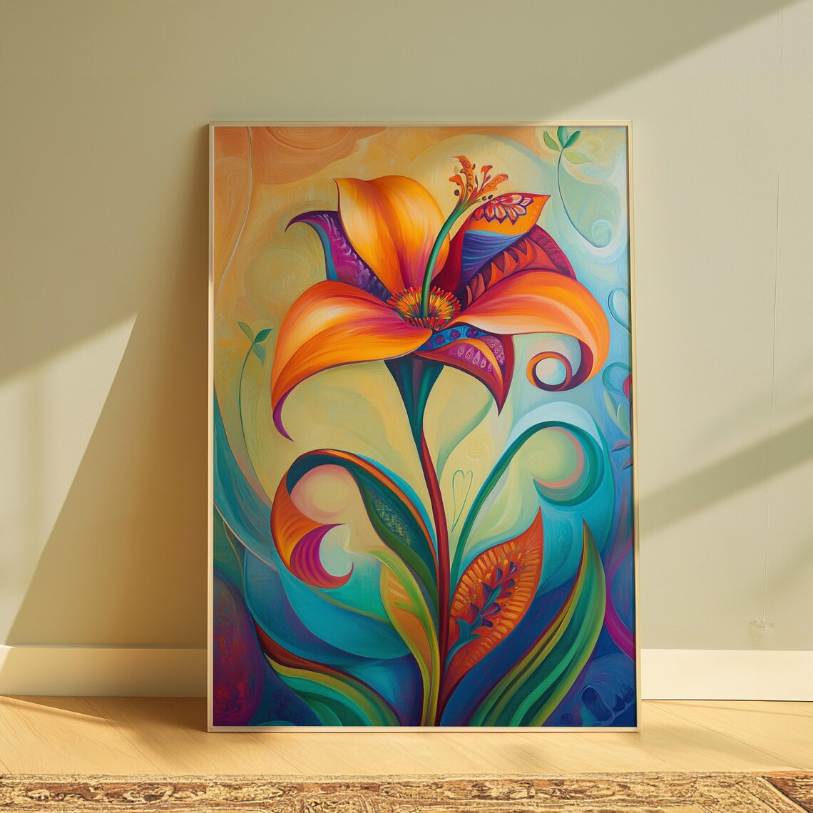 Flowing Orange Lily Swirl Teal Background Art Nouveau Floral Poster