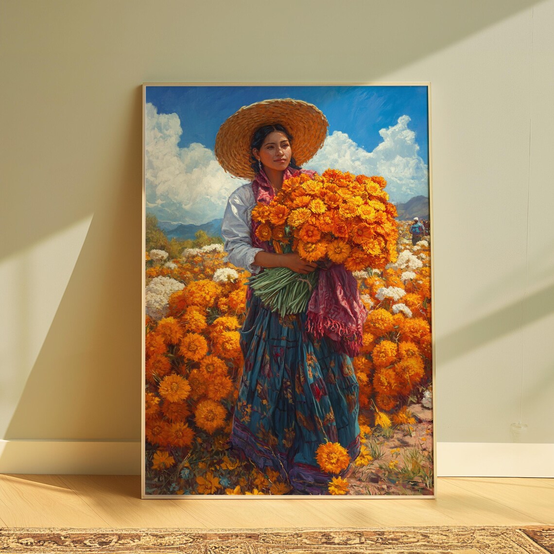 Mexican Woman Marigold Harvest Traditional Folk Art Portrait Wall Poster