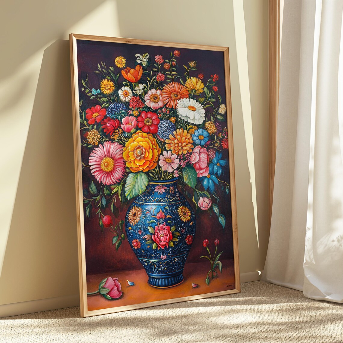 Abundant Mixed Floral Bouquet Large Ornate Blue Vase Rich Dark Poster - Image 5