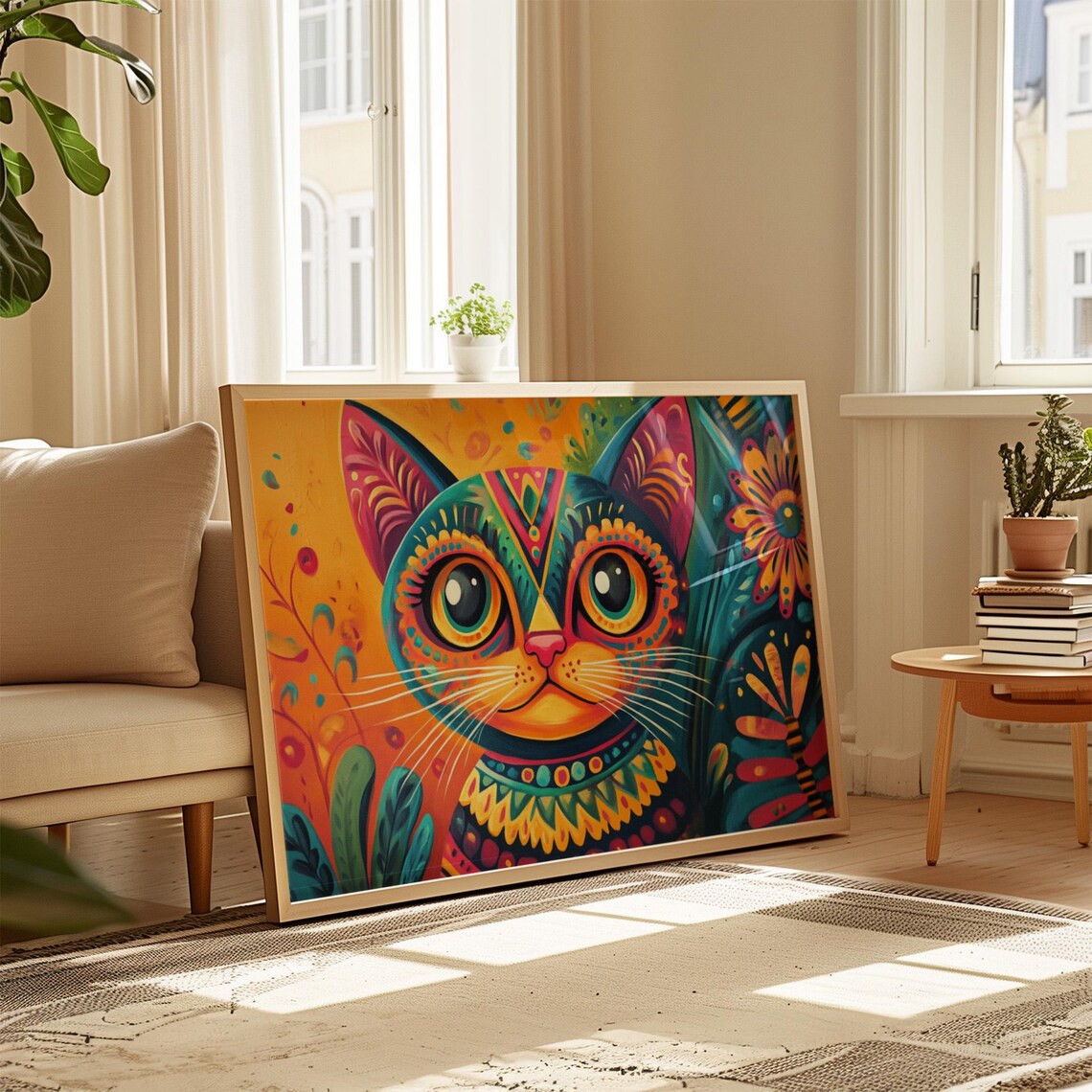 Smiling Folk Art Cat Patterned Collar Colorful Floral Poster - Image 4