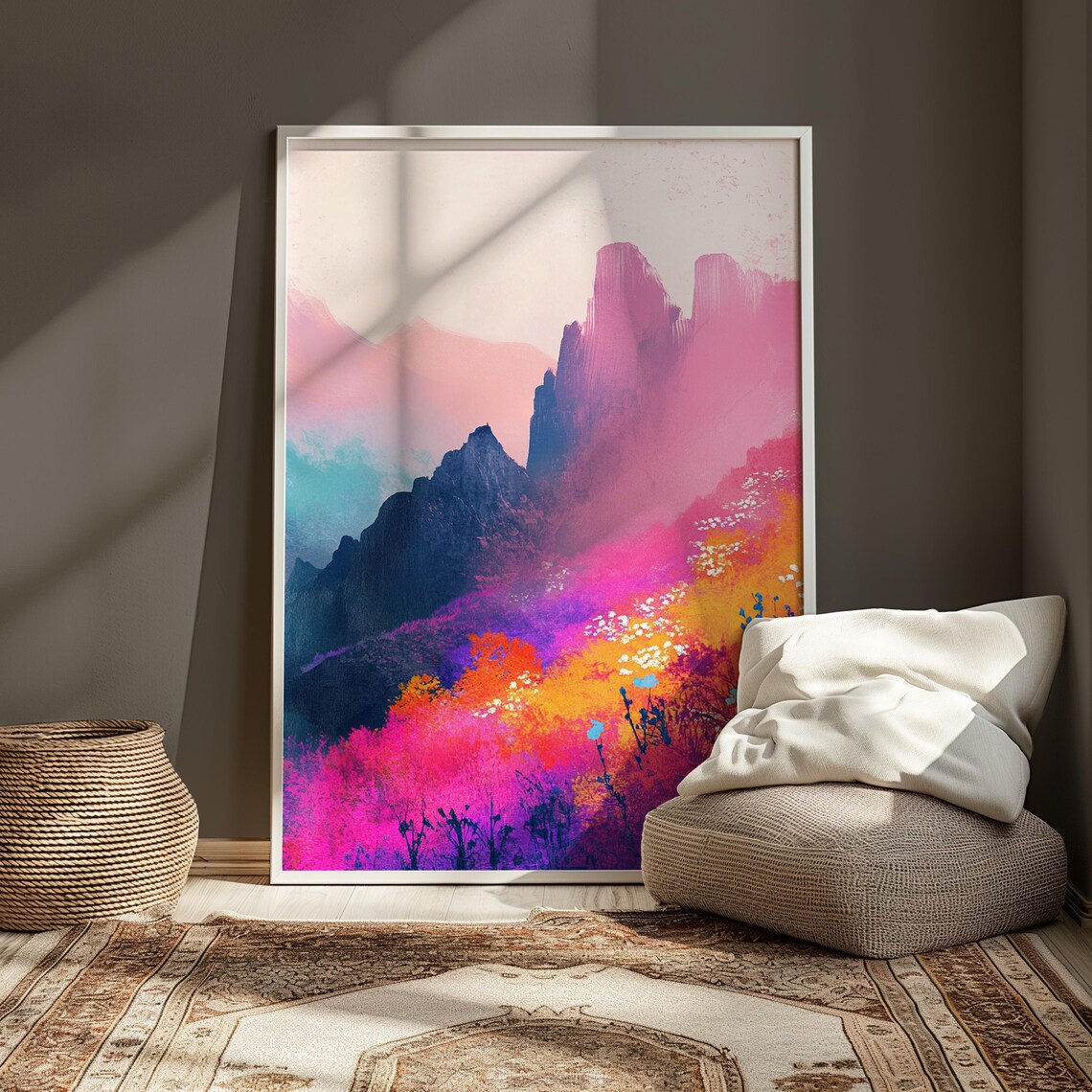 Misty Pink Mountain Cliffs Dark Peaks Dramatic Colorful Landscape Poster - Image 3