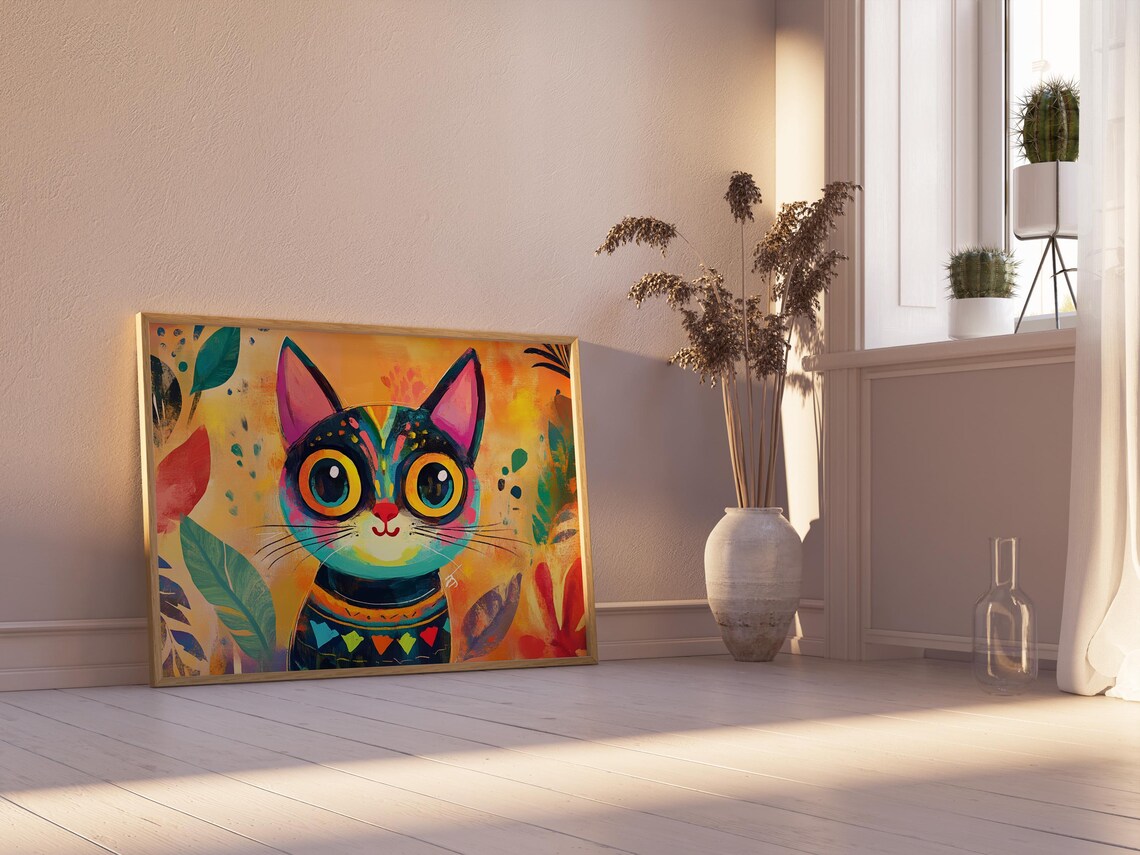 Whimsical Cartoon Cat Big Golden Eyes Tropical Leaves Cheerful Art Poster - Image 2