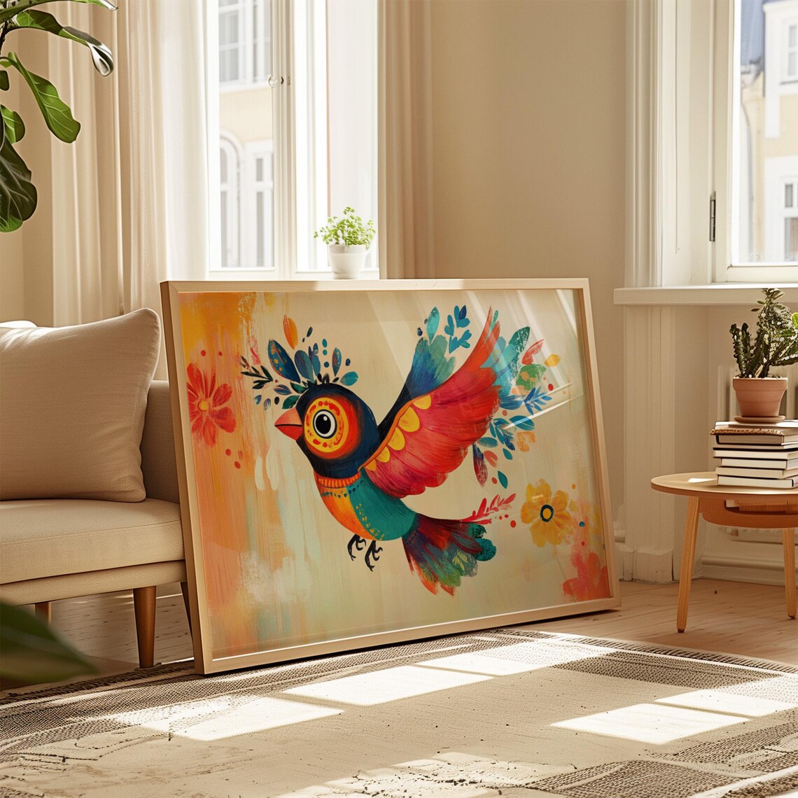 Flying Folk Art Bird Red Wings Cream Floral Background Poster - Image 4
