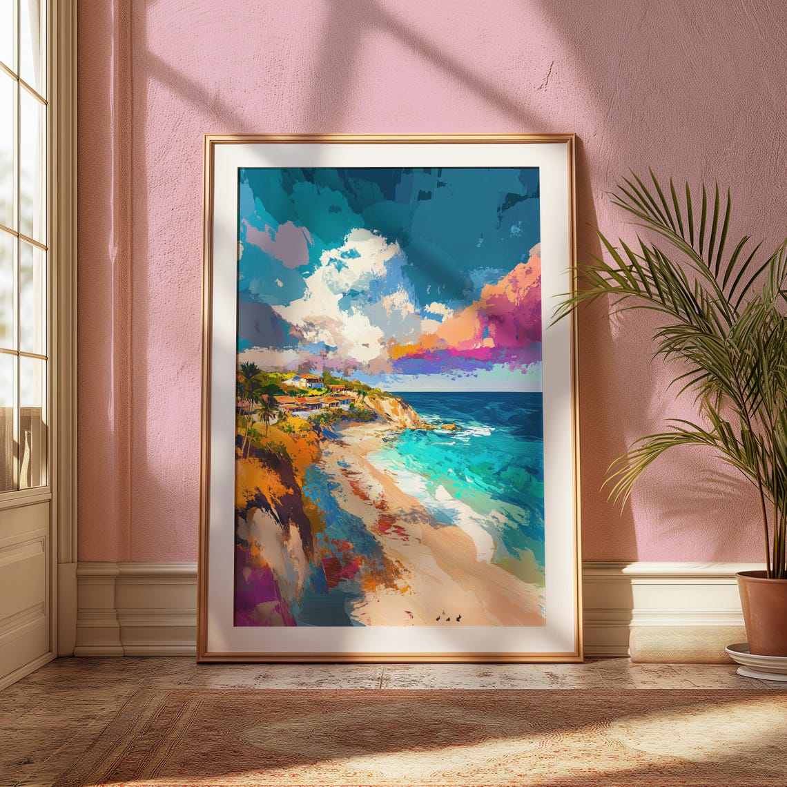 Cliffside Beach Town Turquoise Ocean Sunset Colorful Art Print - Image 2