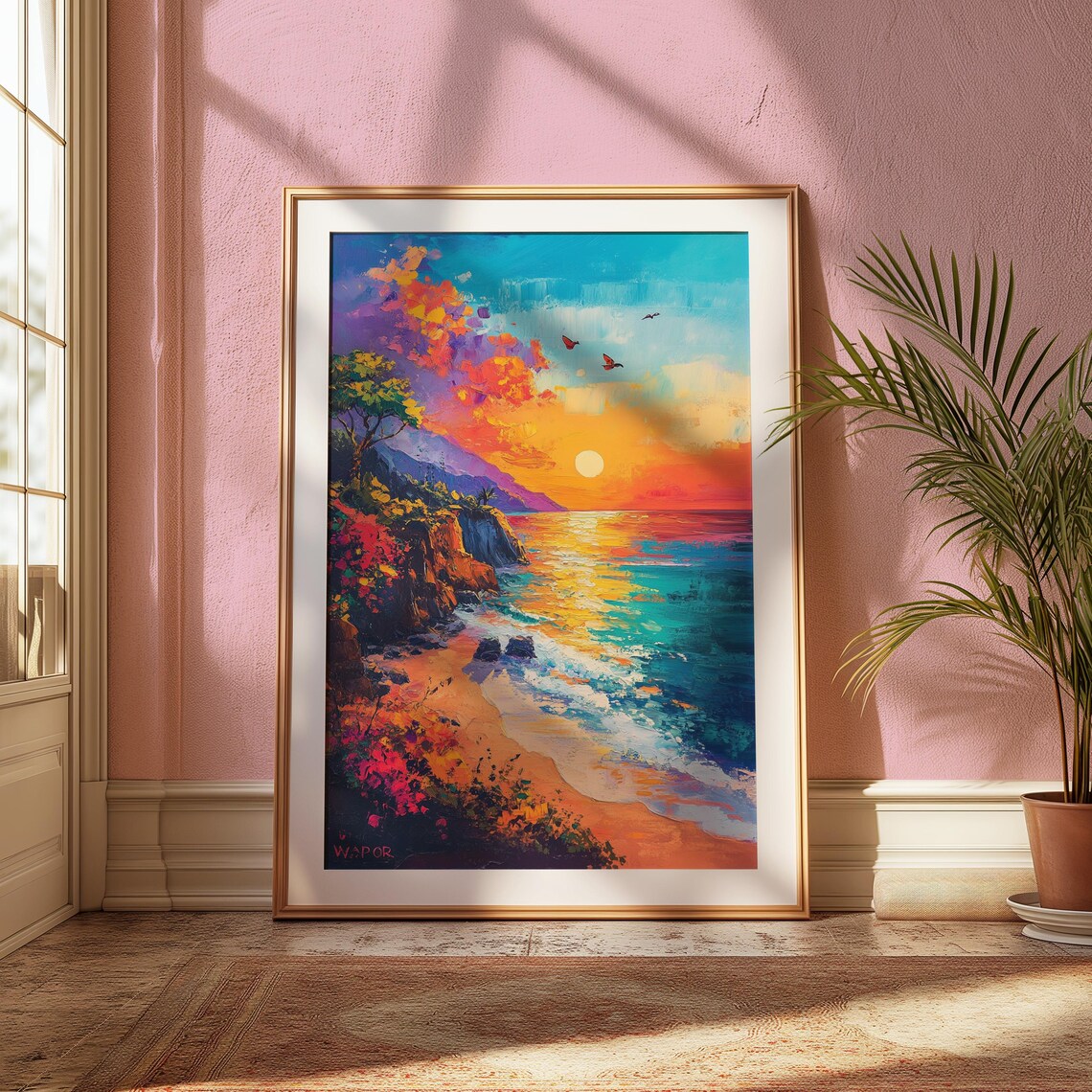 Coastal Sunset Rocky Cliffs Beach Birds Colorful Ocean Art Print - Image 2