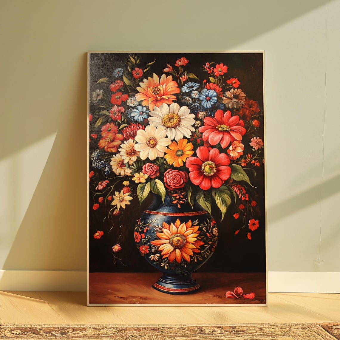 Dense Mixed Garden Bouquet Red Yellow Daisies Dark Blue Vase Poster