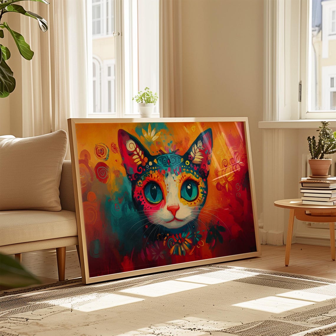 Folk Art Cat Big Blue Eyes Ornate Patterns Warm Red Orange Poster - Image 4