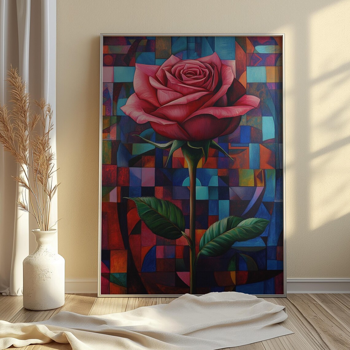 Pink Red Rose Cubist Mosaic Blue Red Modern Garden Floral Poster - Image 4