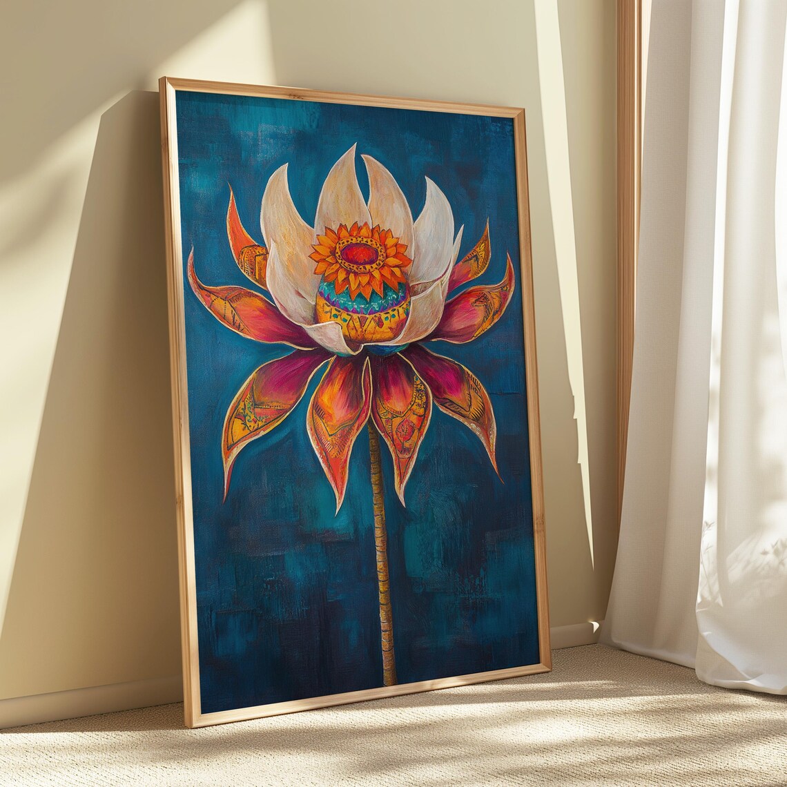 Elegant White Magenta Lotus Sun Center Deep Teal Floral Art Poster - Image 5