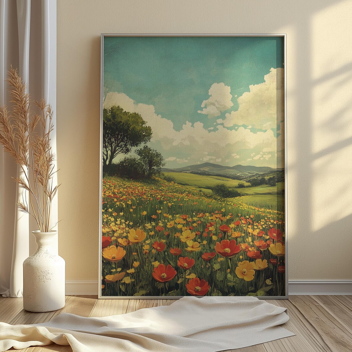 Sunlit Wildflower Meadow Big Oak Tree Vintage Teal Sky Landscape Poster - Image 2