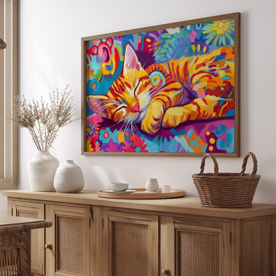Sleeping Orange Kitten On Floral Blanket Dreamy Colors Poster