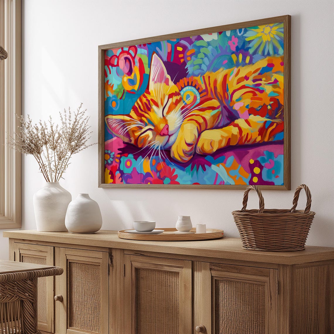 Sleeping Orange Kitten On Floral Blanket Dreamy Colors Poster