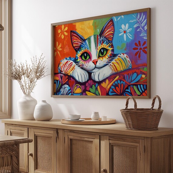 Rainbow Cat Resting Paws Floral Blanket Big Green Eyes Cute Cat Poster