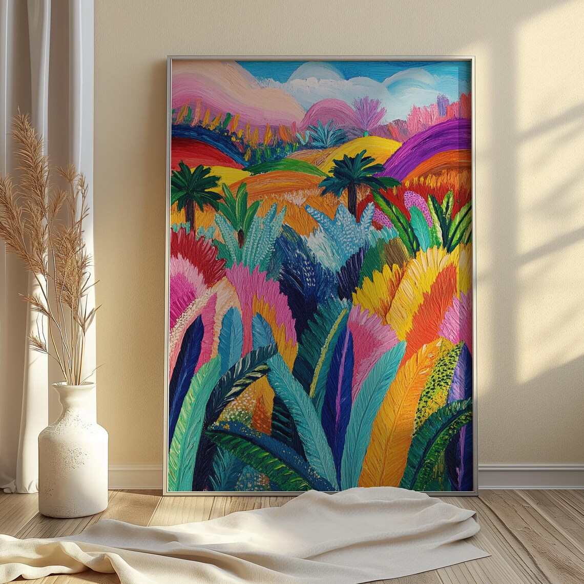 Vibrant Tropical Palm Hills Jungle Foliage Landscape Painting Poster - Image 4