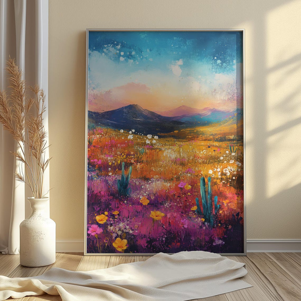 Desert Wildflower Meadow Cacti Mountain Dusk Colorful Art Print - Image 4