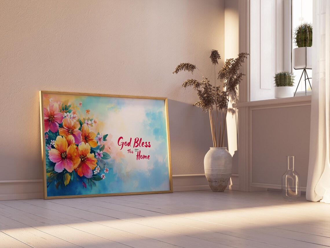 God Bless This Home Orange Blossom Aqua Watercolor Floral Poster - Image 2