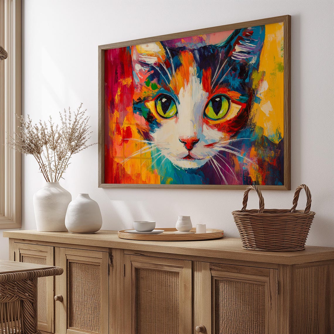 Painterly Cat Face Green Eyes Bold Red Orange Brushstroke Art Poster