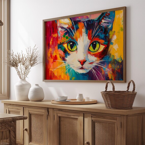 Painterly Cat Face Green Eyes Bold Red Orange Brushstroke Art Poster