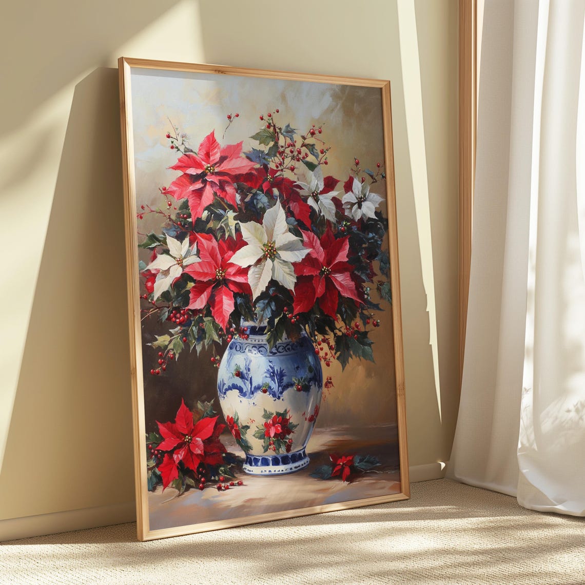 Red White Poinsettia Berries Blue Vase Christmas Still Life Poster - Image 5