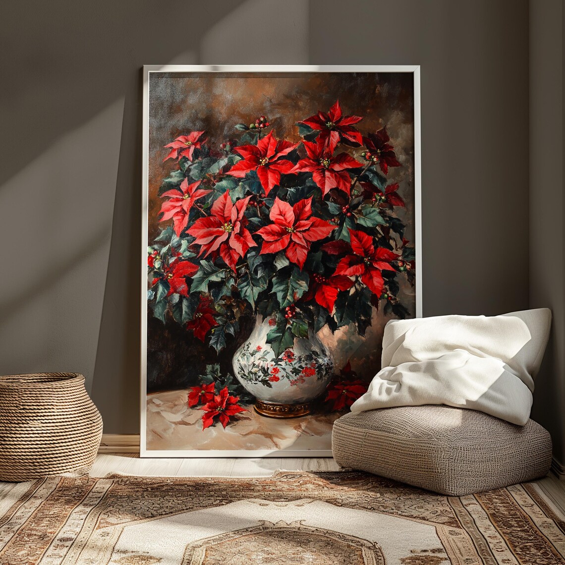 Red Poinsettia White Floral Vase Dark Background Christmas Poster - Image 4