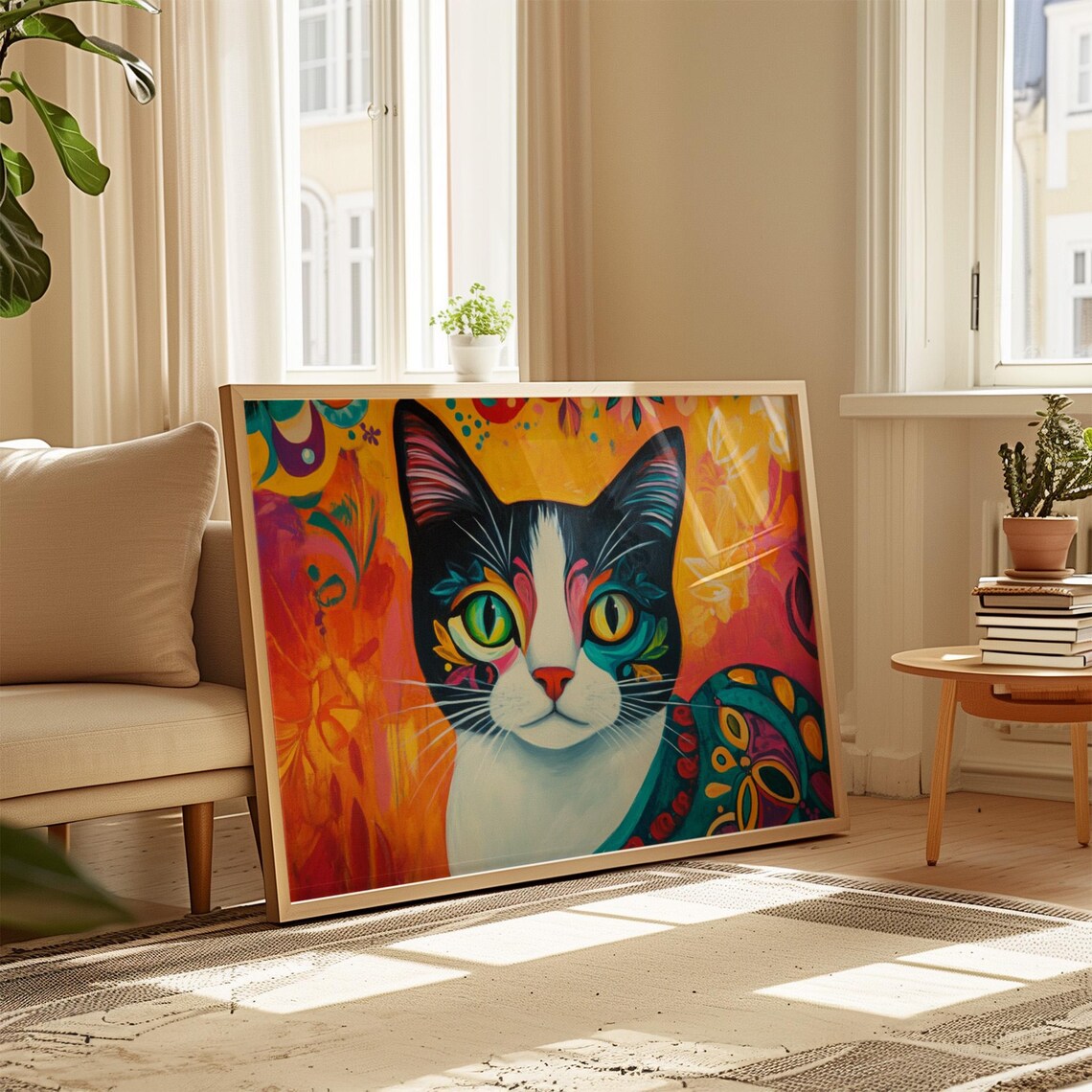 Tuxedo Cat Portrait Mismatched Eyes Colorful Folk Art Orange Poster - Image 4