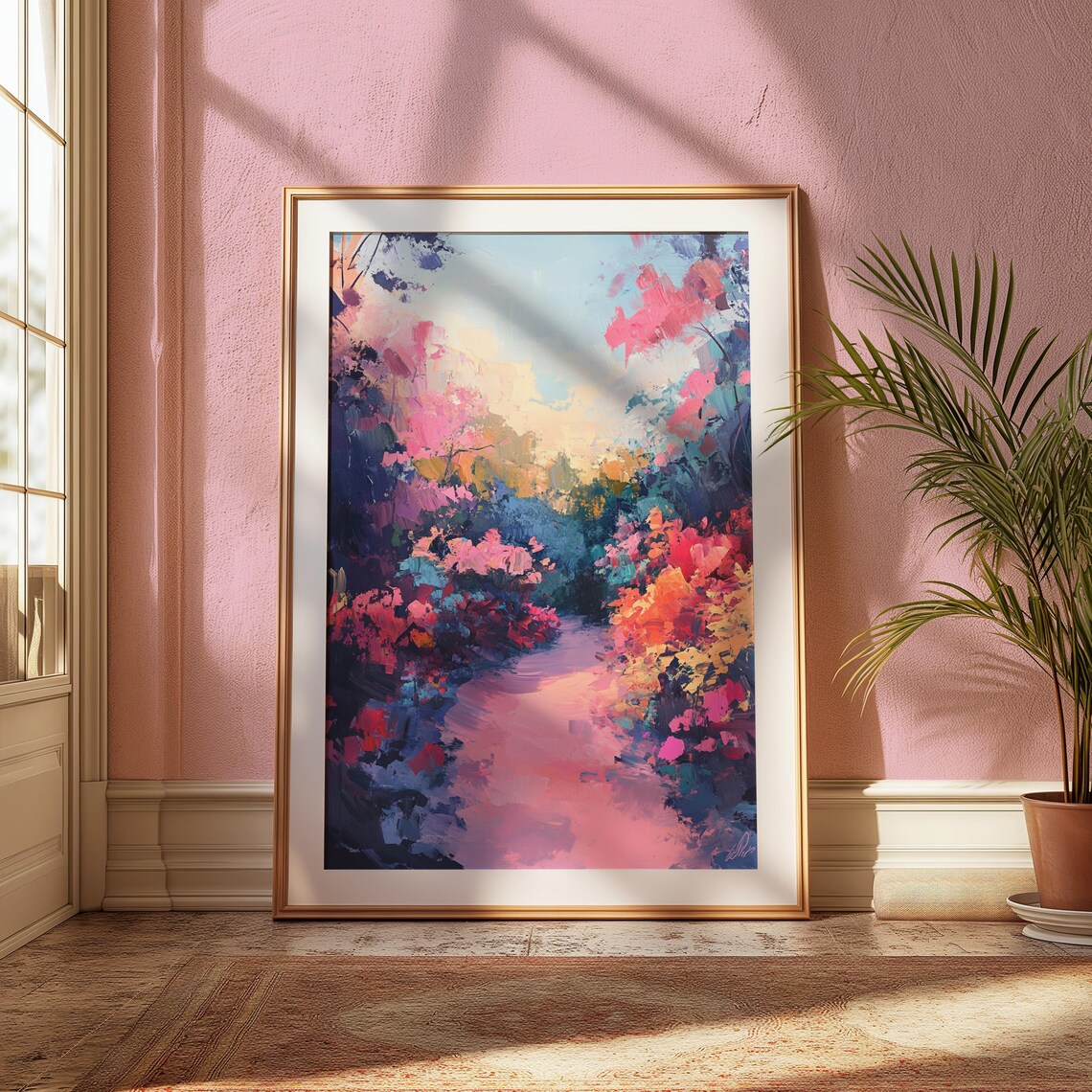 Dreamy Pink Blossom Garden Path Watercolor Impressionist Wall Art Poster - Image 2