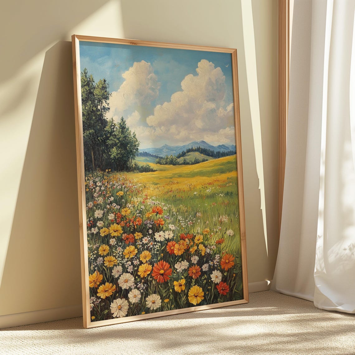 Colorful Wildflower Meadow Big Cloudy Sky Mountain Horizon Oil Poster - Image 4