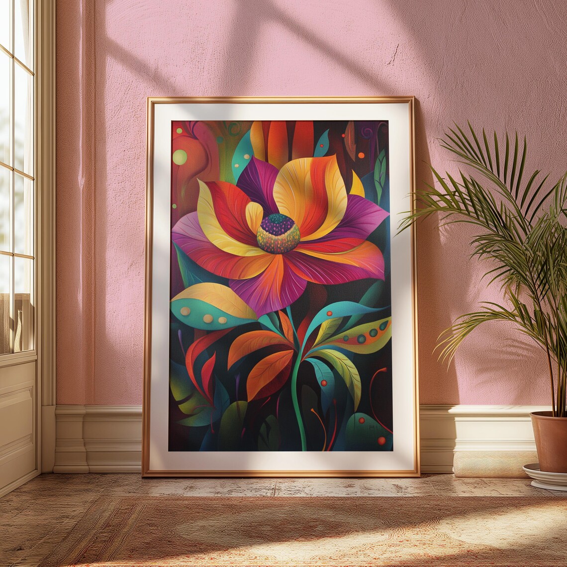 Fiery Sunset Bloom Dark Background Vivid Abstract Floral Art Poster - Image 2