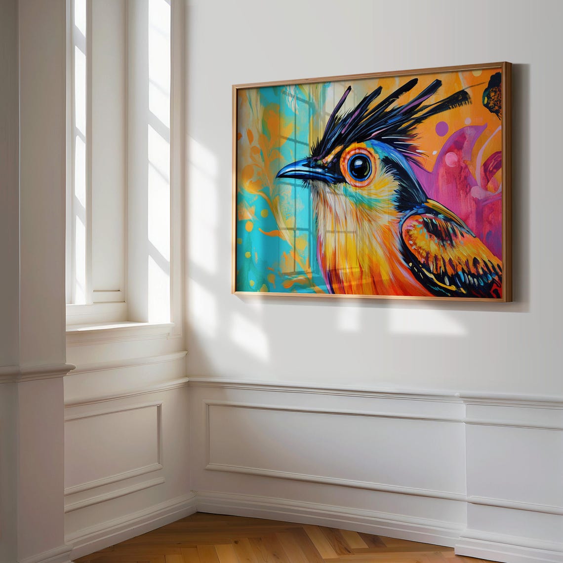 Crested Bird Portrait Orange Teal Abstract Close Up View Poster - Image 3