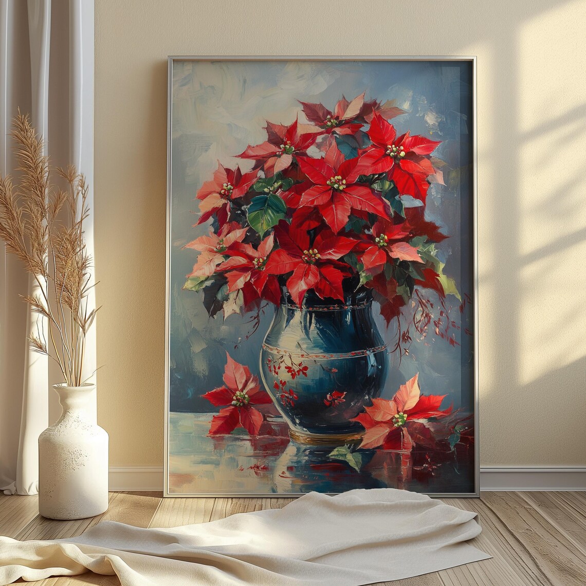 Red Poinsettia Bouquet in Blue Talavera Vase Holiday Floral Poster - Image 3
