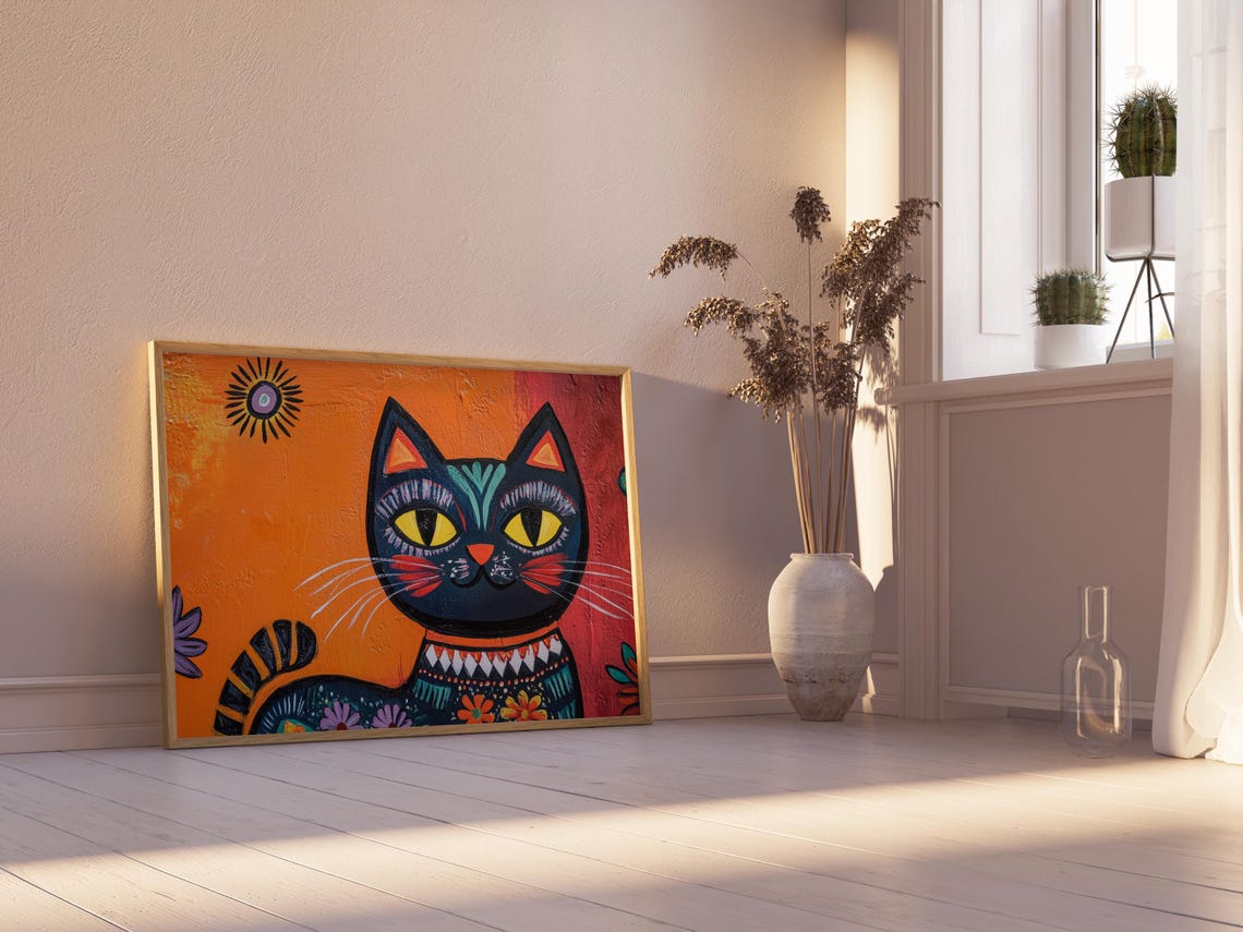 Bold Black Tribal Cat With Yellow Eyes Sun Motif Orange Poster - Image 2