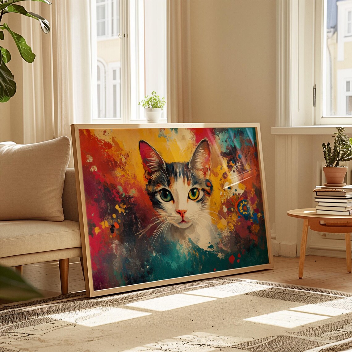 Calico Cat Face Green Eyes Abstract Sunset Colors Expressive Art Poster - Image 4