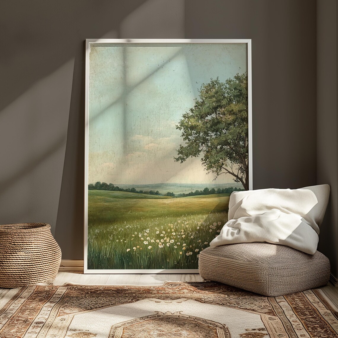 Serene Green Meadow White Wildflowers Lone Tree Vintage Landscape Poster - Image 3