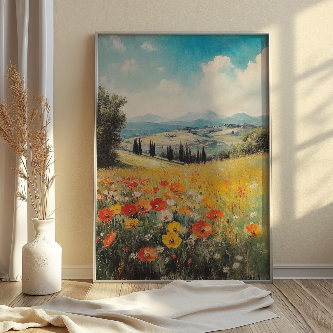 Red Poppy Meadow Cypress Trees Rolling Hills Impressionist Art Poster - Image 2
