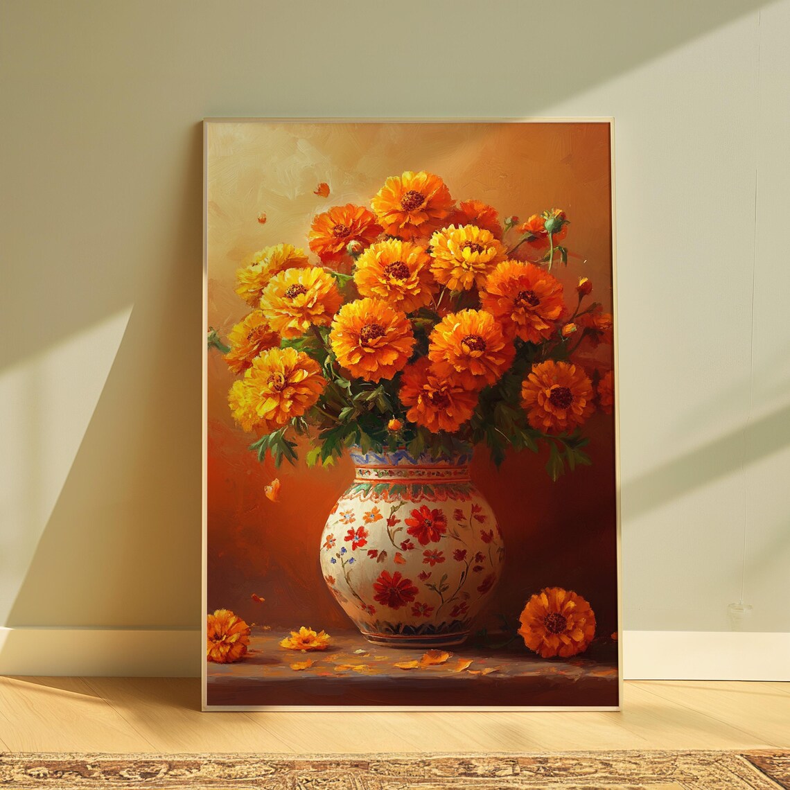 Golden Marigold Bouquet White Floral Vase Amber Warm Autumn Poster