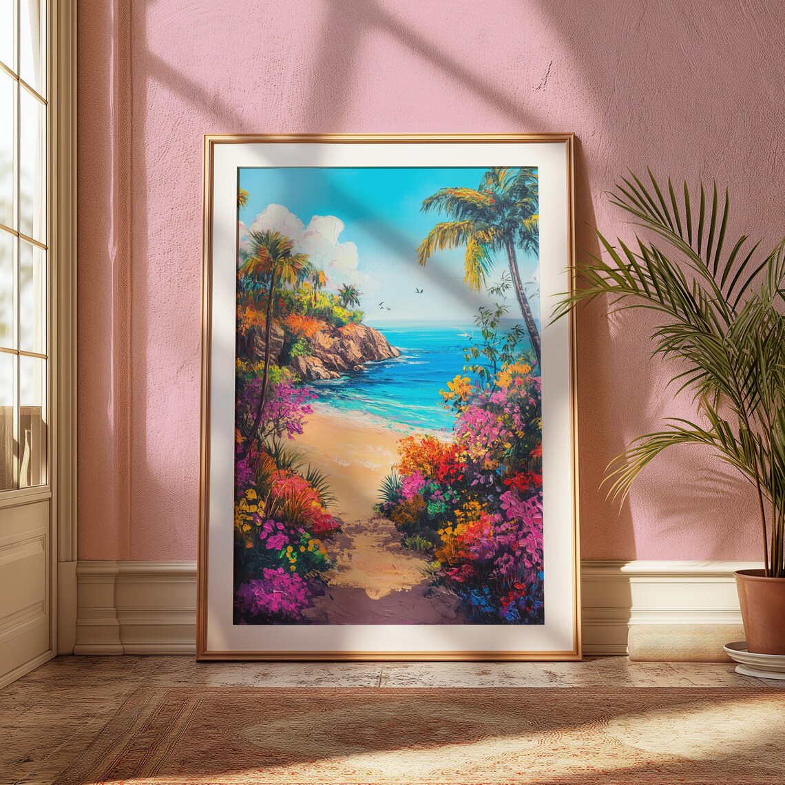 Tropical Beach Cove Palm Trees Turquoise Water Colorful Paradise Poster - Image 2