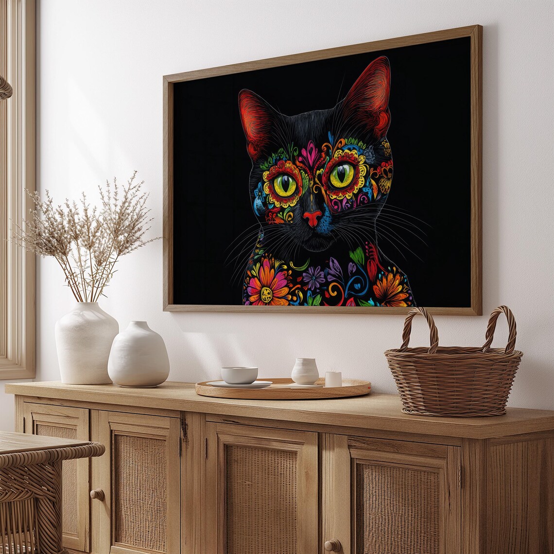 Day of the Dead Black Cat Bust Colorful Floral Chest Detail Wall Art