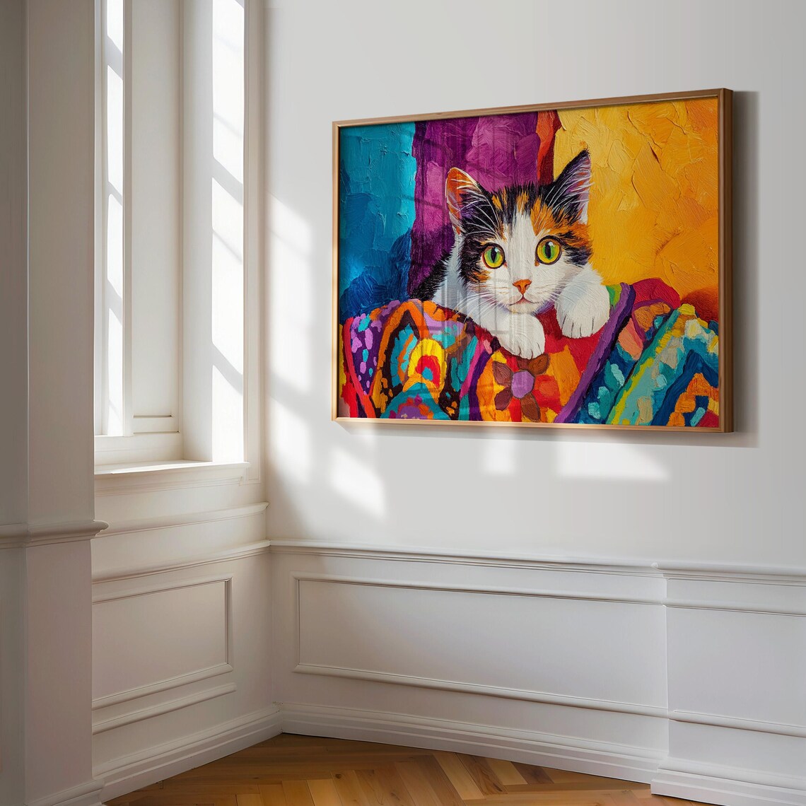Calico Kitten Resting on Colorful Quilt Green Eyes Impasto Art Poster - Image 3
