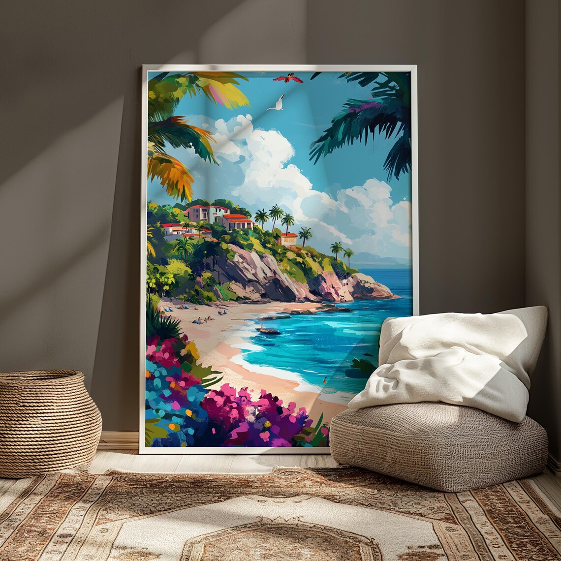 Tropical Beach Cliffside Villas Palm Fronds Turquoise Sea Travel Poster - Image 4