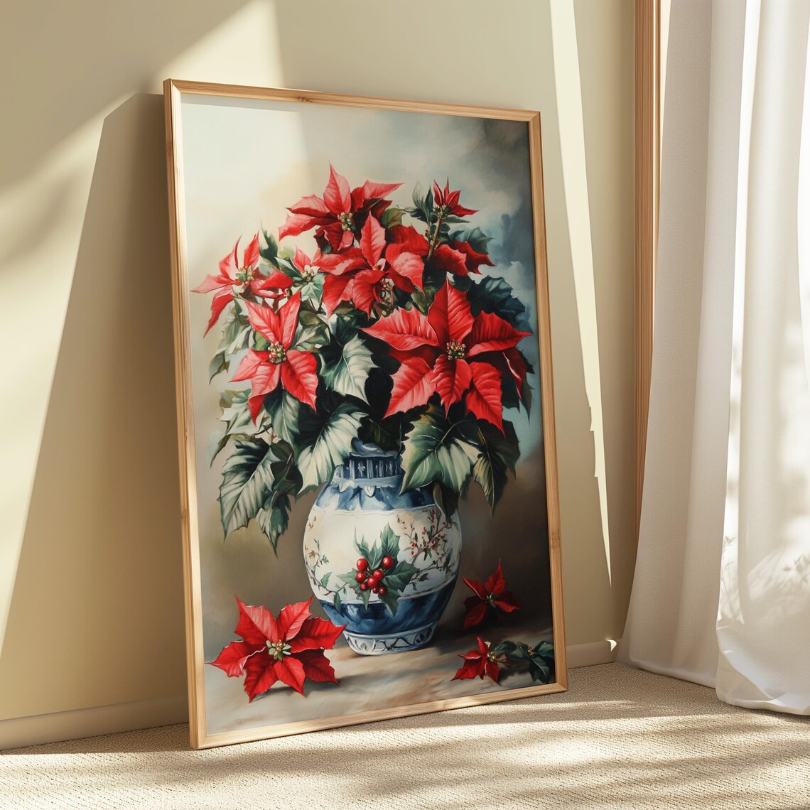 Red Poinsettia Blue White Ginger Jar Christmas Still Life Poster - Image 5