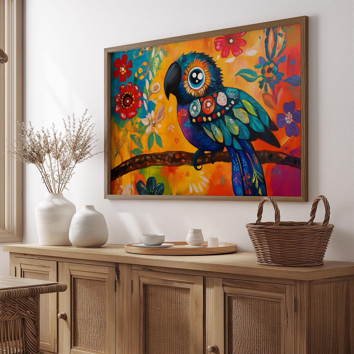 Indigo Parrot Black Beak Perched Branch Fiesta Bloom Art Print