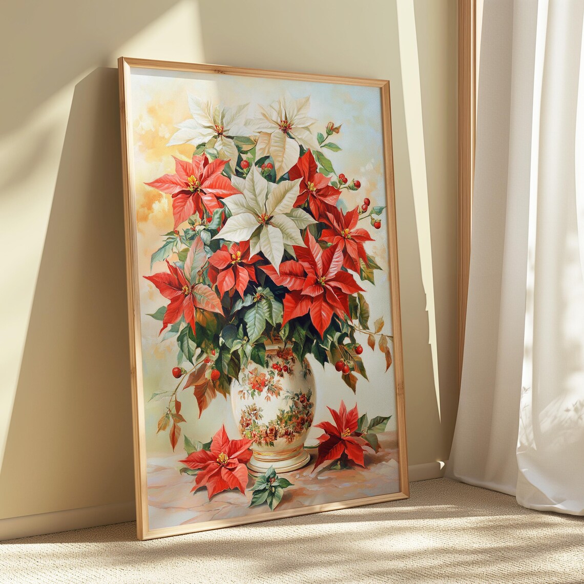 Red White Poinsettia Floral Vase Christmas Still Life Painting Poster - Image 5
