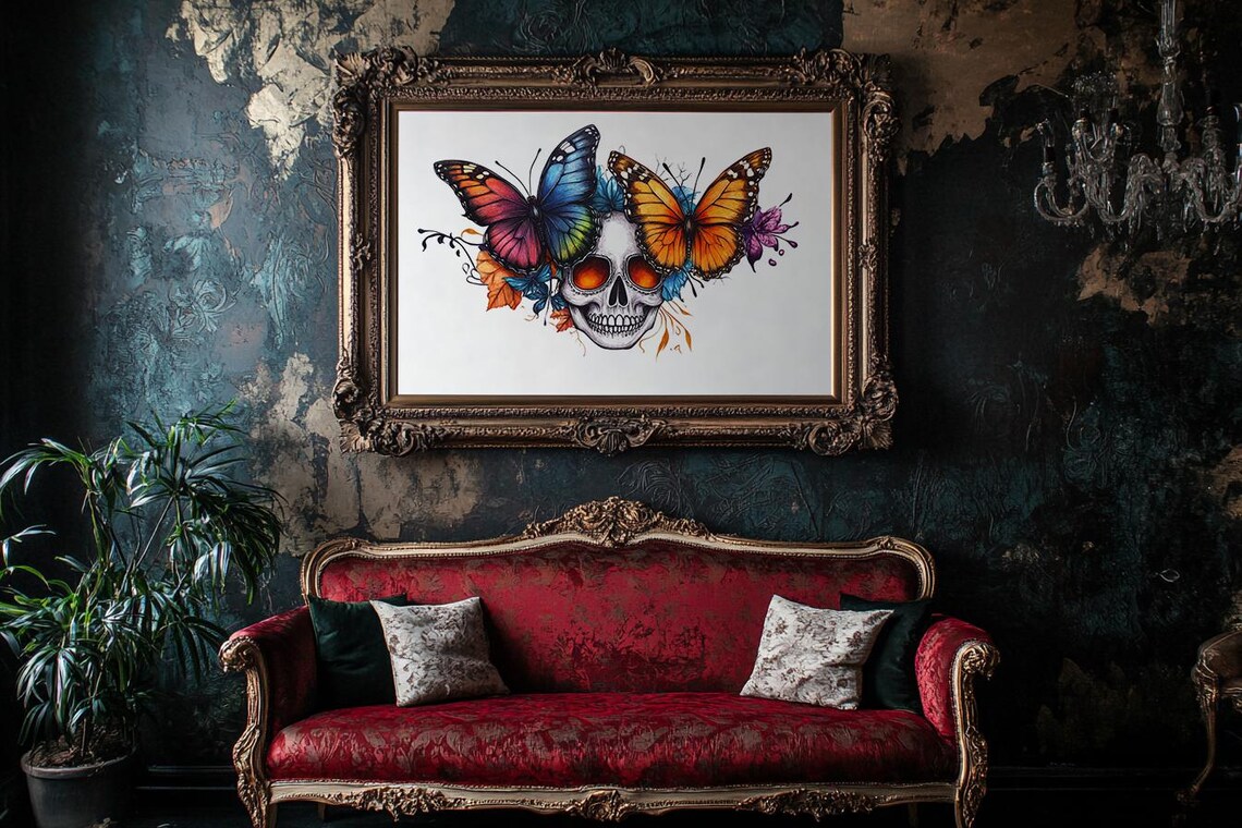 Day Of The Dead Skull With Butterflies Floral Crown Large Poster