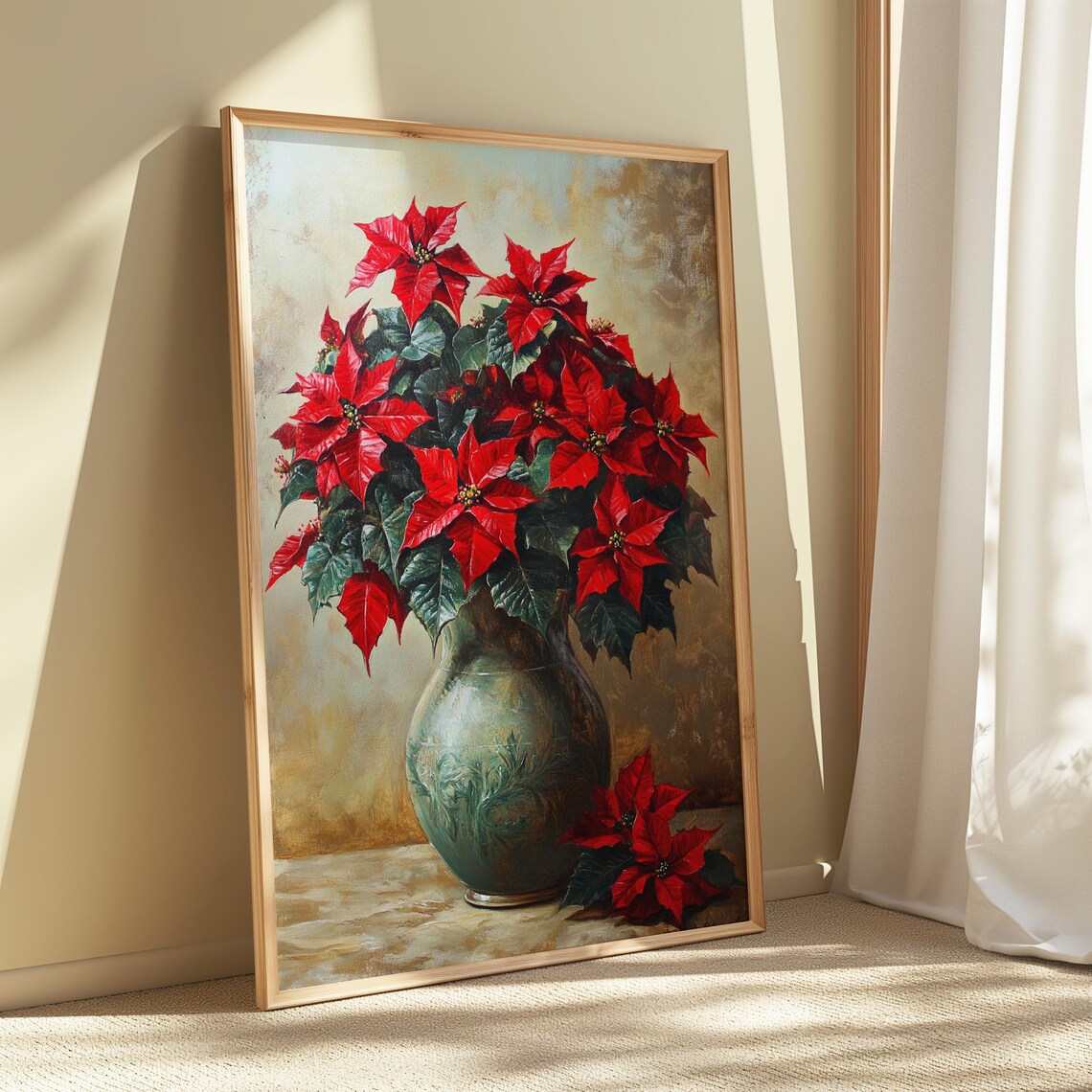 Red Poinsettia Antique Green Glass Vase Christmas Still Life Poster - Image 5