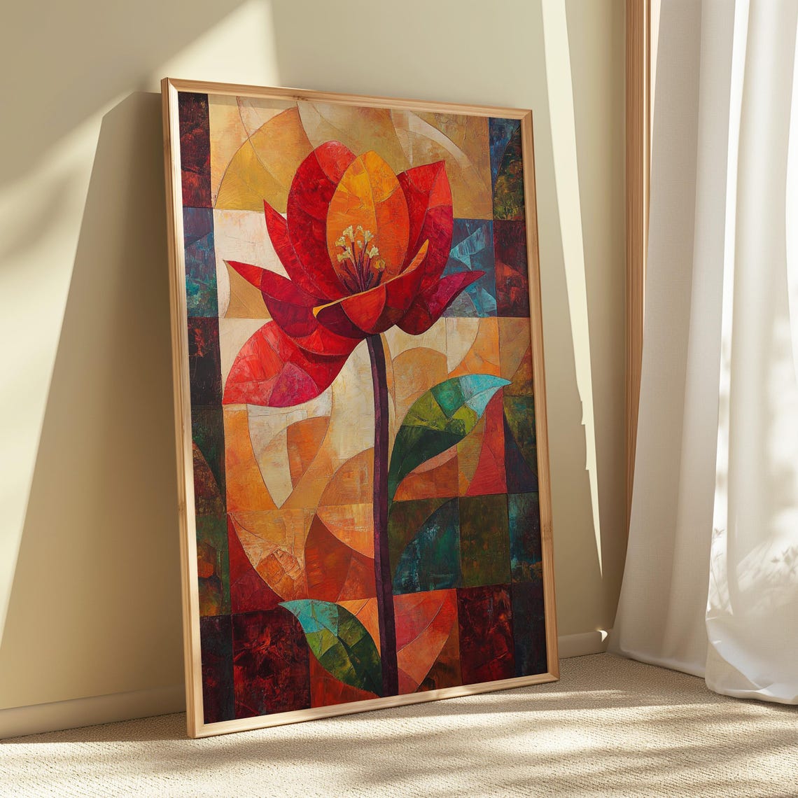 Red Lotus Mosaic Petals Amber Teal Patchwork Floral Art Poster - Image 5