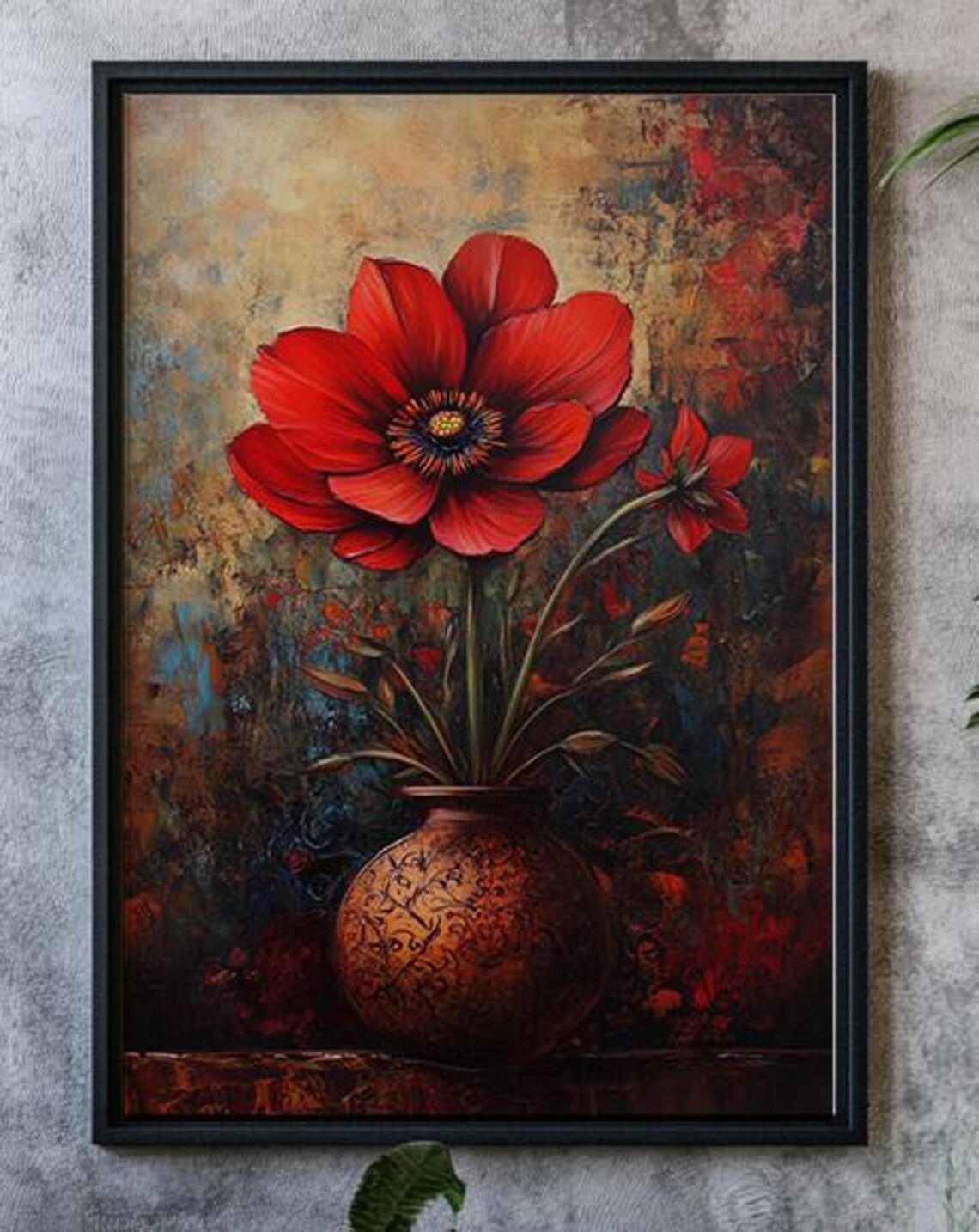 Red Anemone Flowers Ornate Vase Textured Dark Vintage Floral Poster