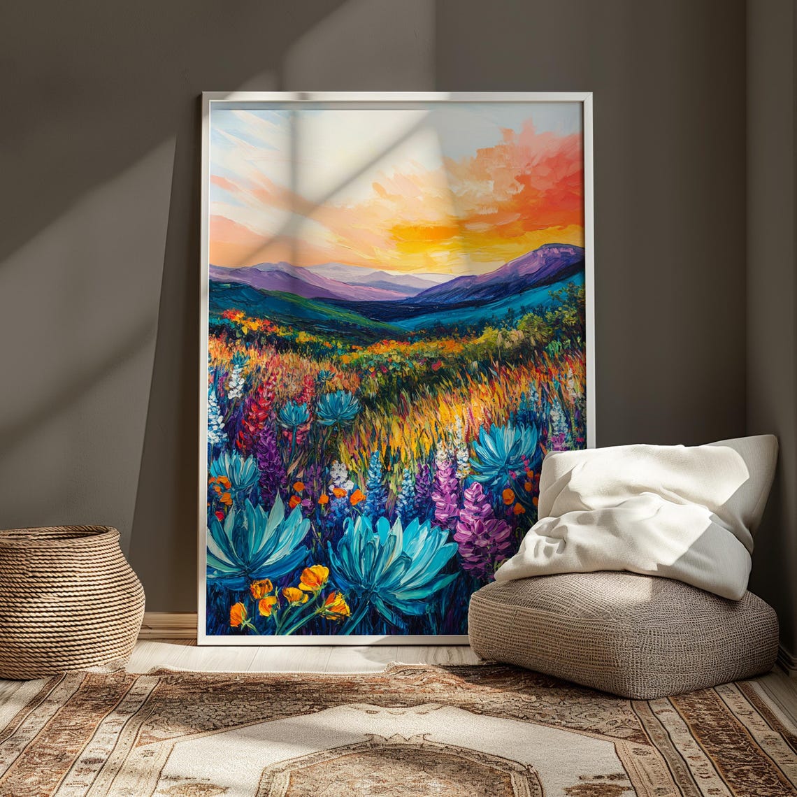 Desert Agave Wildflower Field Vibrant Sunset Mountain Art Print - Image 3