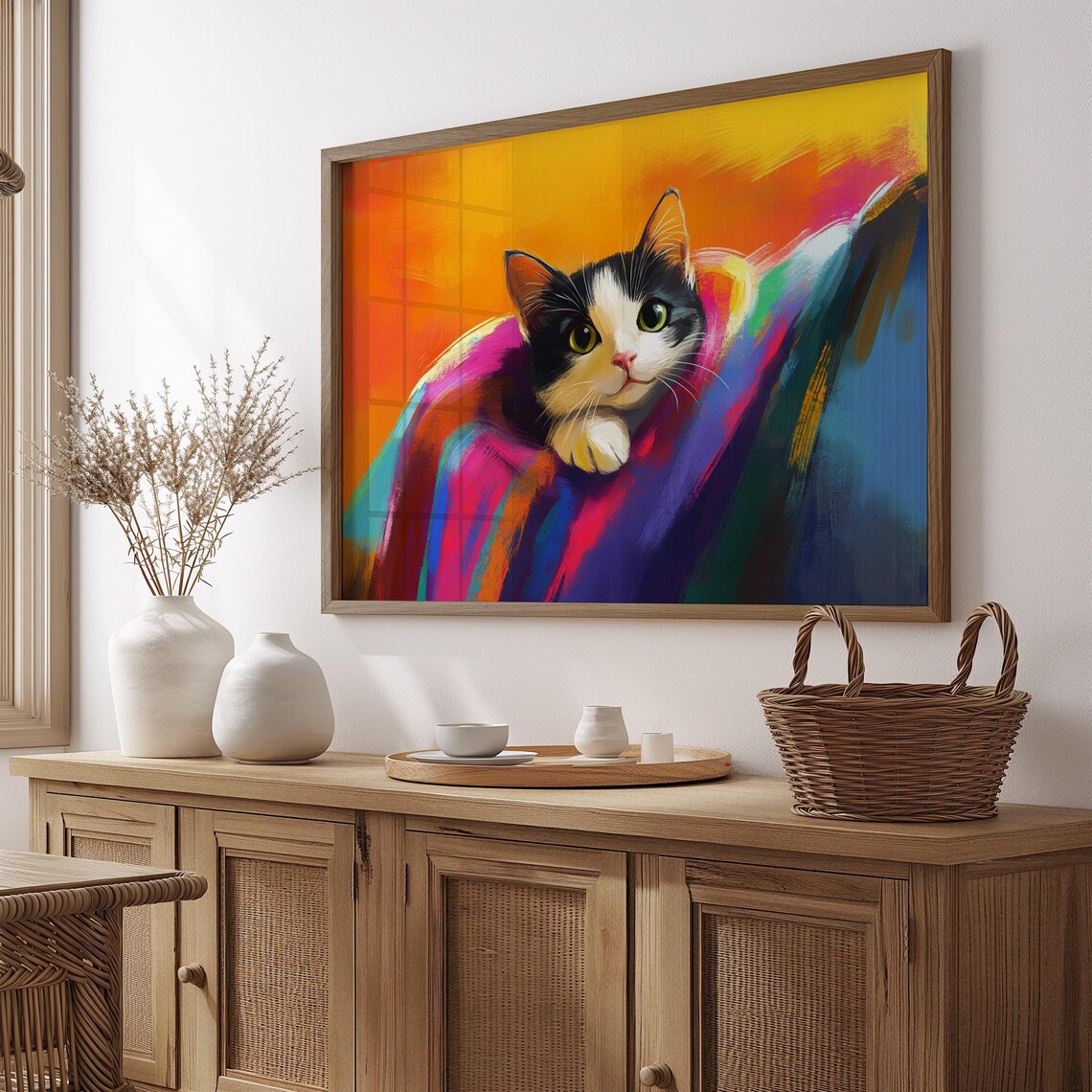 Tuxedo Kitten Wrapped in Rainbow Blanket Sunset Glow Cute Cat Art Poster